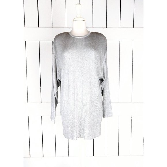 Vintage Classiques silver grey long sleeve slinky pullover ribbed tunic top larg - Picture 1 of 5